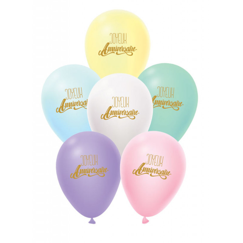 6 BALLONS JOYEUX ANNIVERSAIRE MULTICOLORES PASTELS