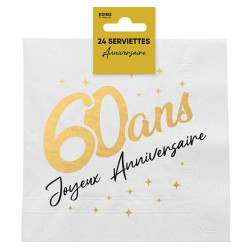 24 SERVIETTES 33x33cm OR 60ANS